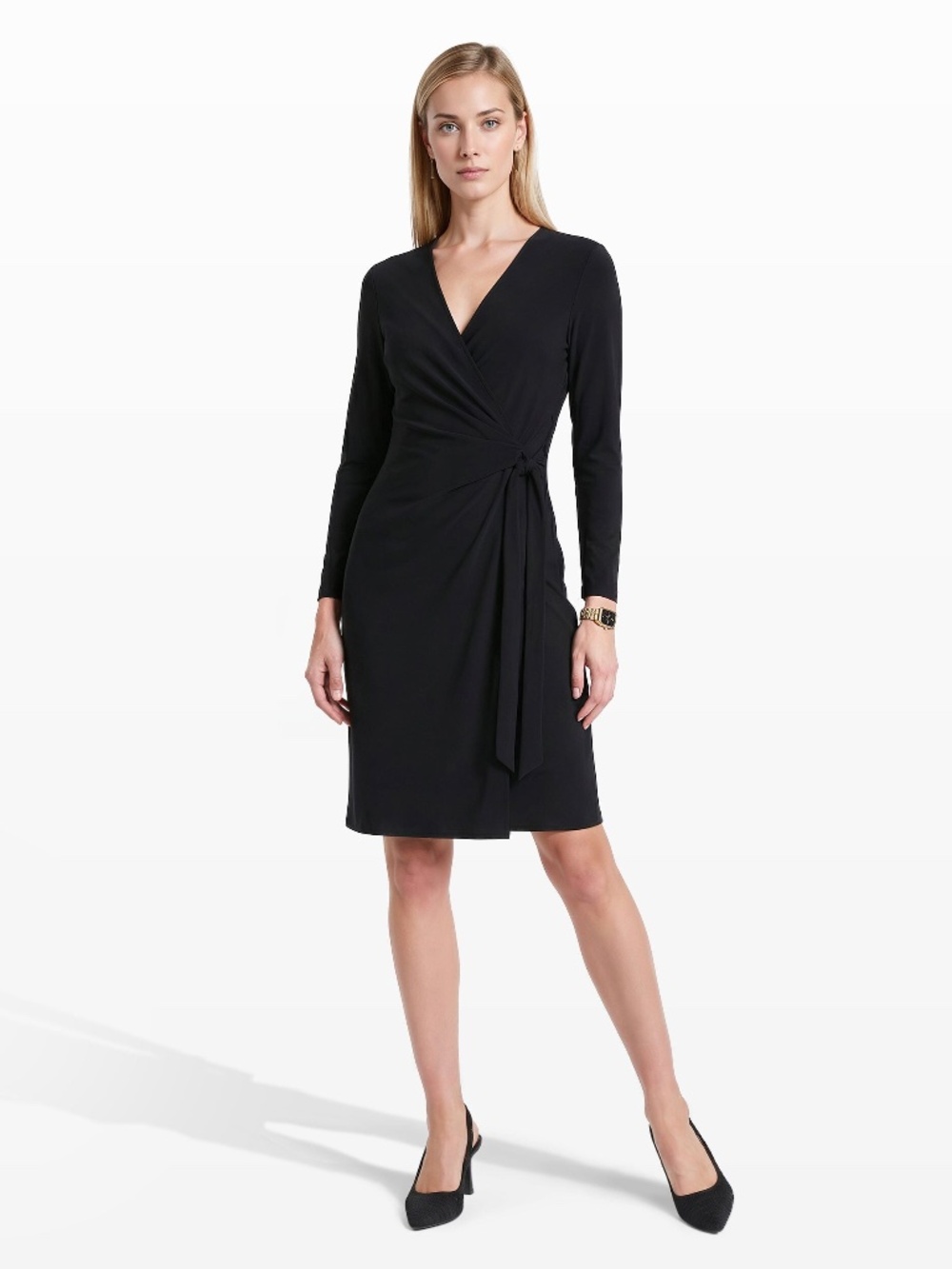 Anne Klein Faux Wrap Jersey Black Dress Size: M